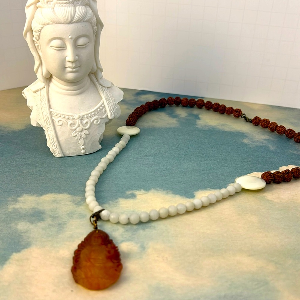 Kuan Yin Rudraksha and white frosted stone Necklace